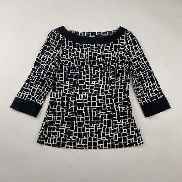 Ann Taylor Black White Geometric Print Blouse Boat Neck Side Zip Back Buttons 4 - Picture 2 of 12